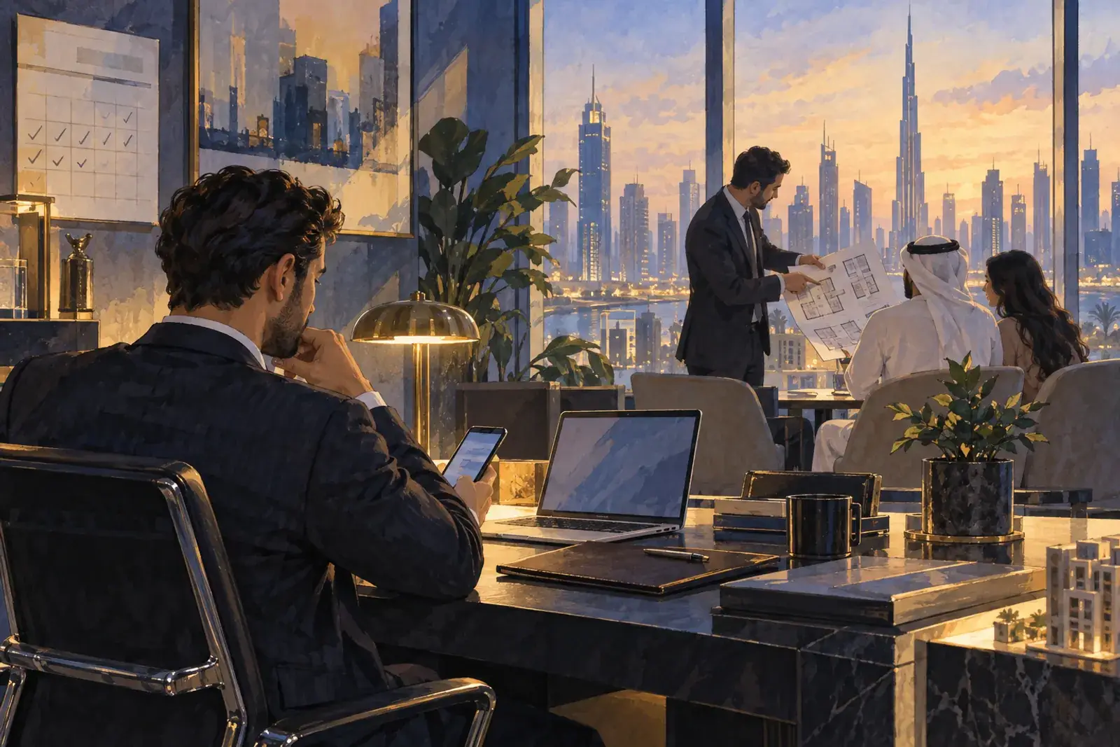 A Dubai broker checks a follow-up on his phone while a colleague shows two clients floor plans by the window.