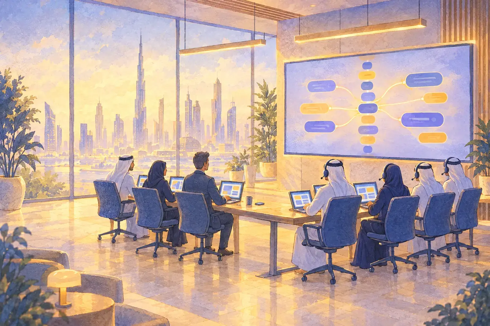 A bright open-plan office: a marketing team on one side and a service team in headsets on the other, both facing one wall screen with a single thread branching to each side.