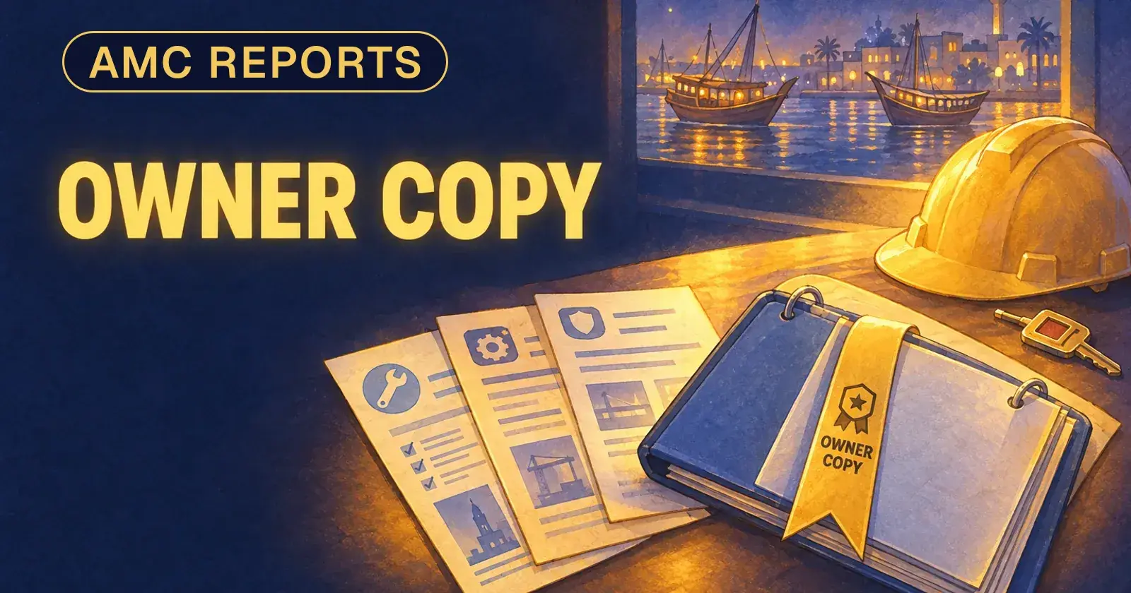 Three differently formatted maintenance reports and one binder labelled owner copy on a tower office desk