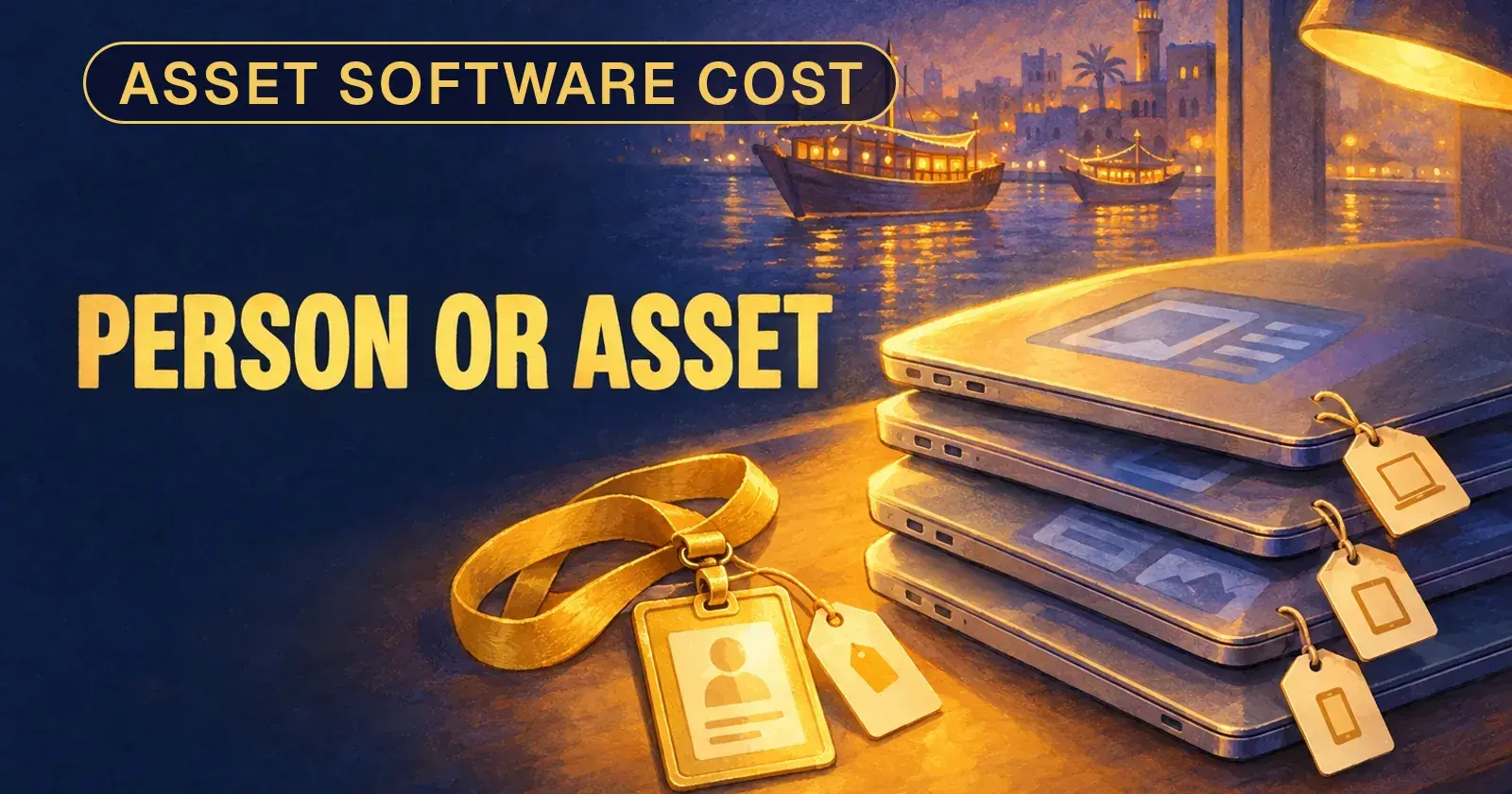 Three laptops on a desk with two price tags: one tied to a person, one tied to each laptop
