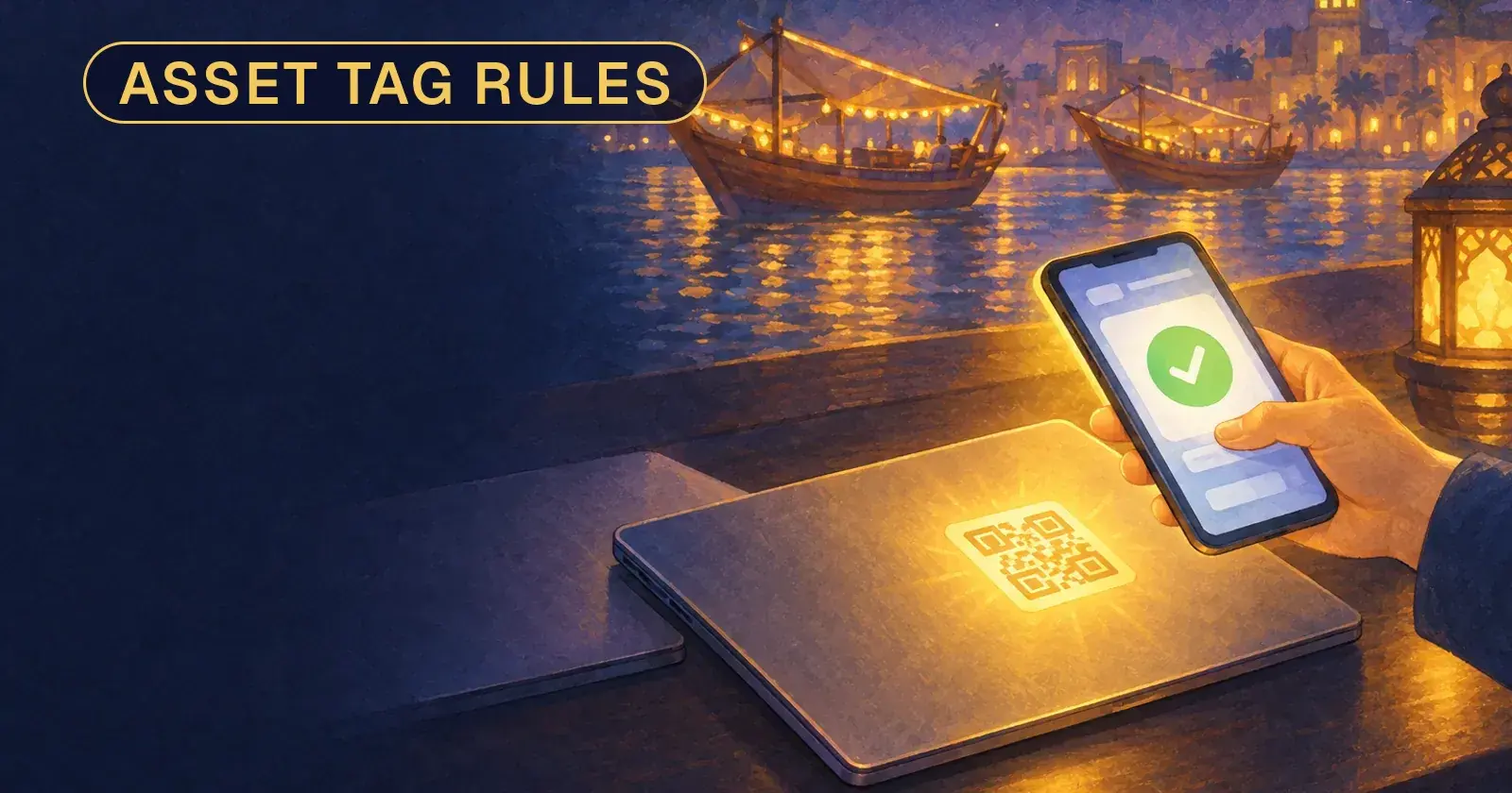 A phone scanning a glowing QR asset label on a laptop lid, a second laptop beside it