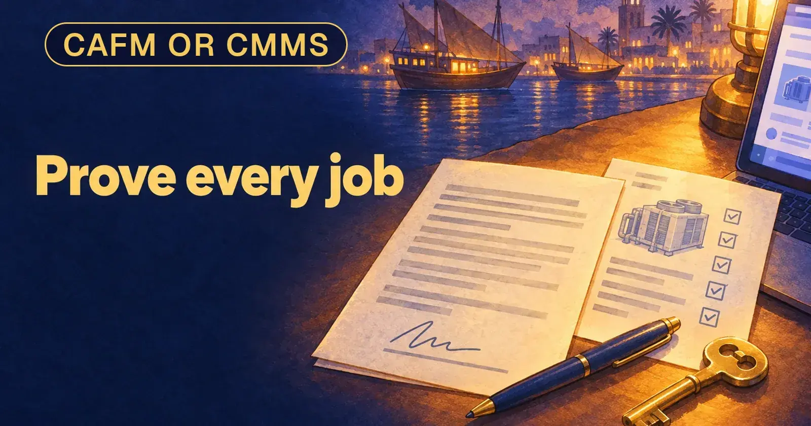 A tower contract page with a pen, a chiller work order and a lift key on a night desk: what does the contract make you prove?