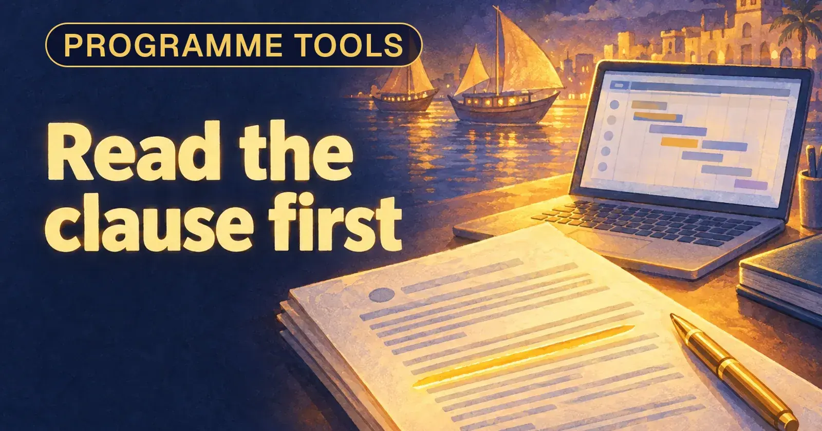 A contract with one clause underlined in gold beside a laptop showing a bar chart, and the words Read the clause first