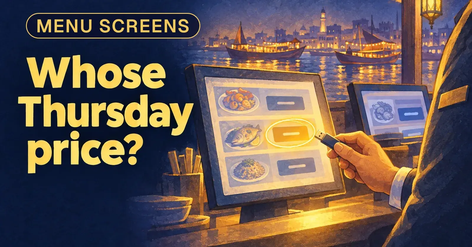A menu screen with one price circled, a hand holding a USB stick, and the words Whose Thursday price?