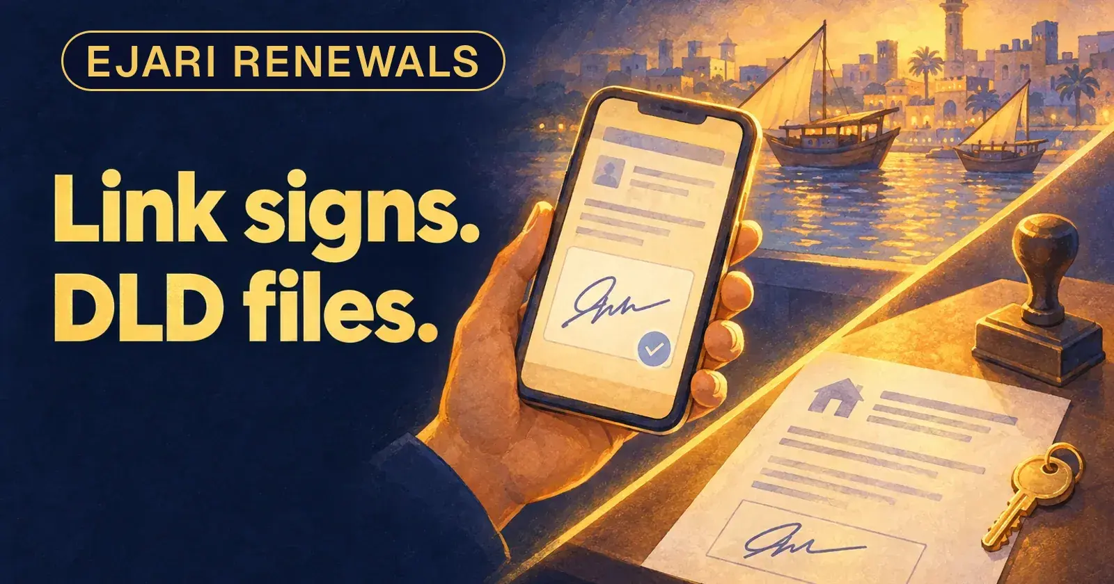 A phone with a finished signature beside a Dubai desk with the same signed renewal, a stamp and a key: Link signs. DLD files.