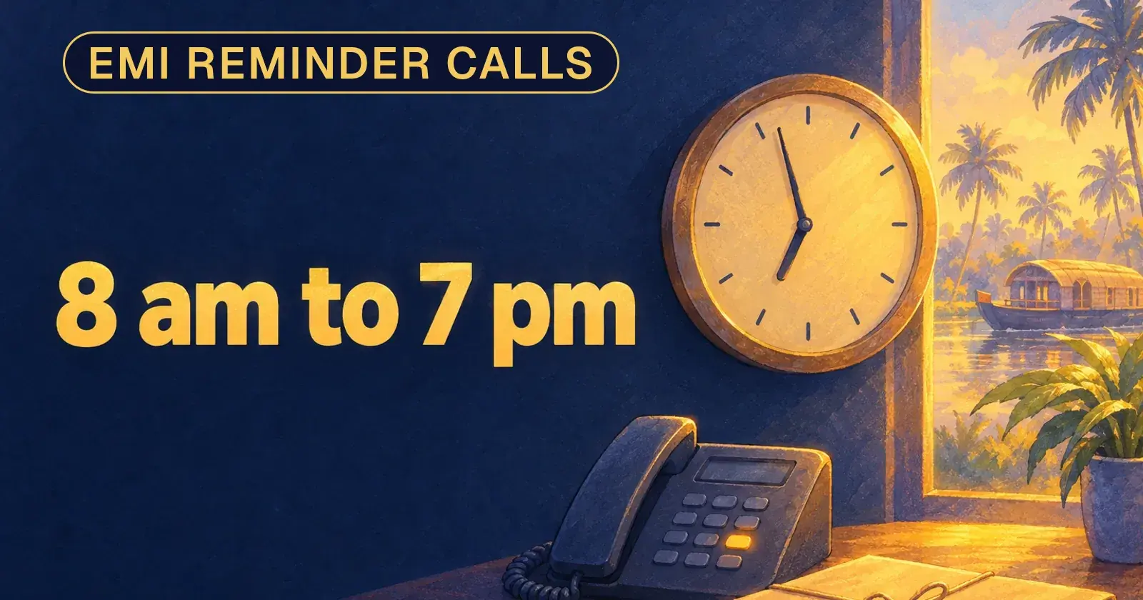 A wall clock near seven above a desk phone and a tied loan folder, with the words 8 am to 7 pm