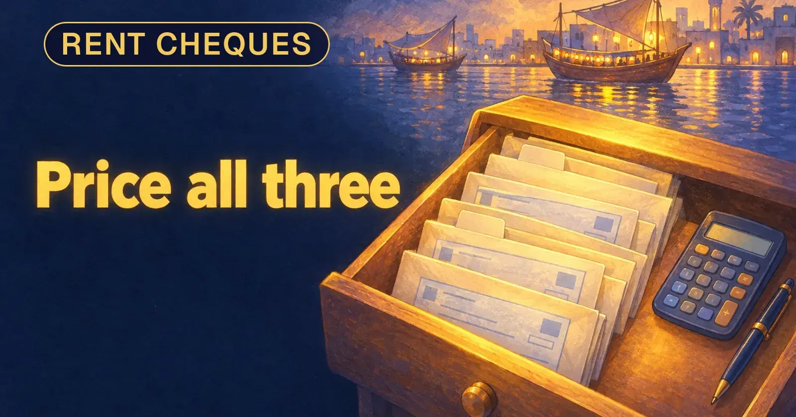 An open desk drawer packed with rent cheques beside a calculator and pen, lit in gold, with the words Price all three