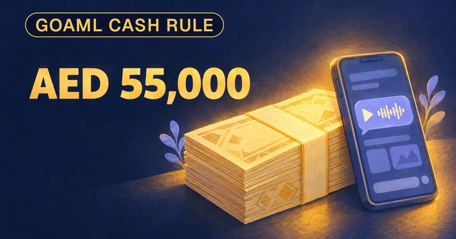 A banded stack of blank banknotes beside a phone showing a voice-note bubble, with AED 55,000 in gold