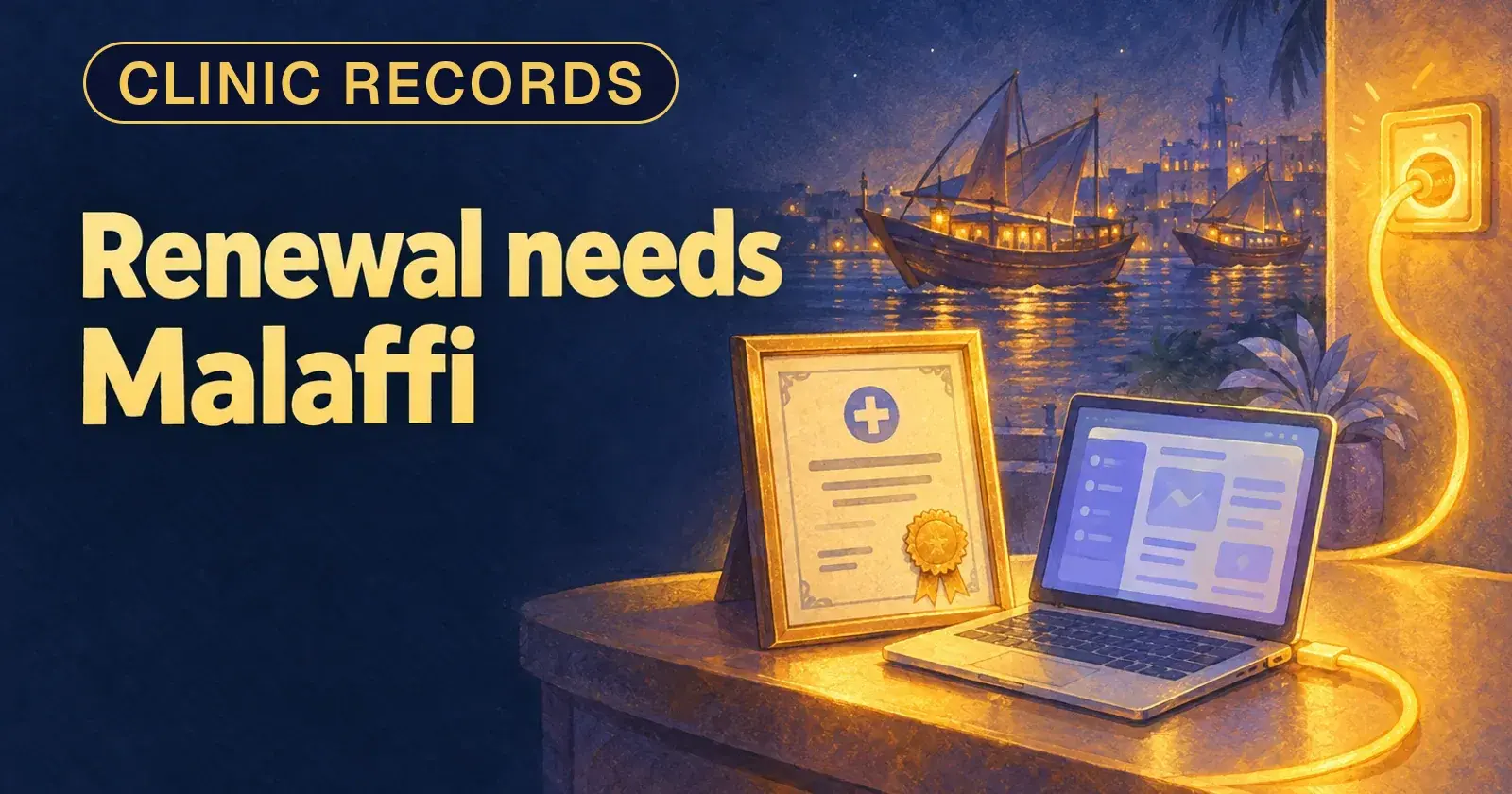 A clinic licence with a renewal seal beside a laptop, a gold cable to a wall socket, and the words Renewal needs Malaffi