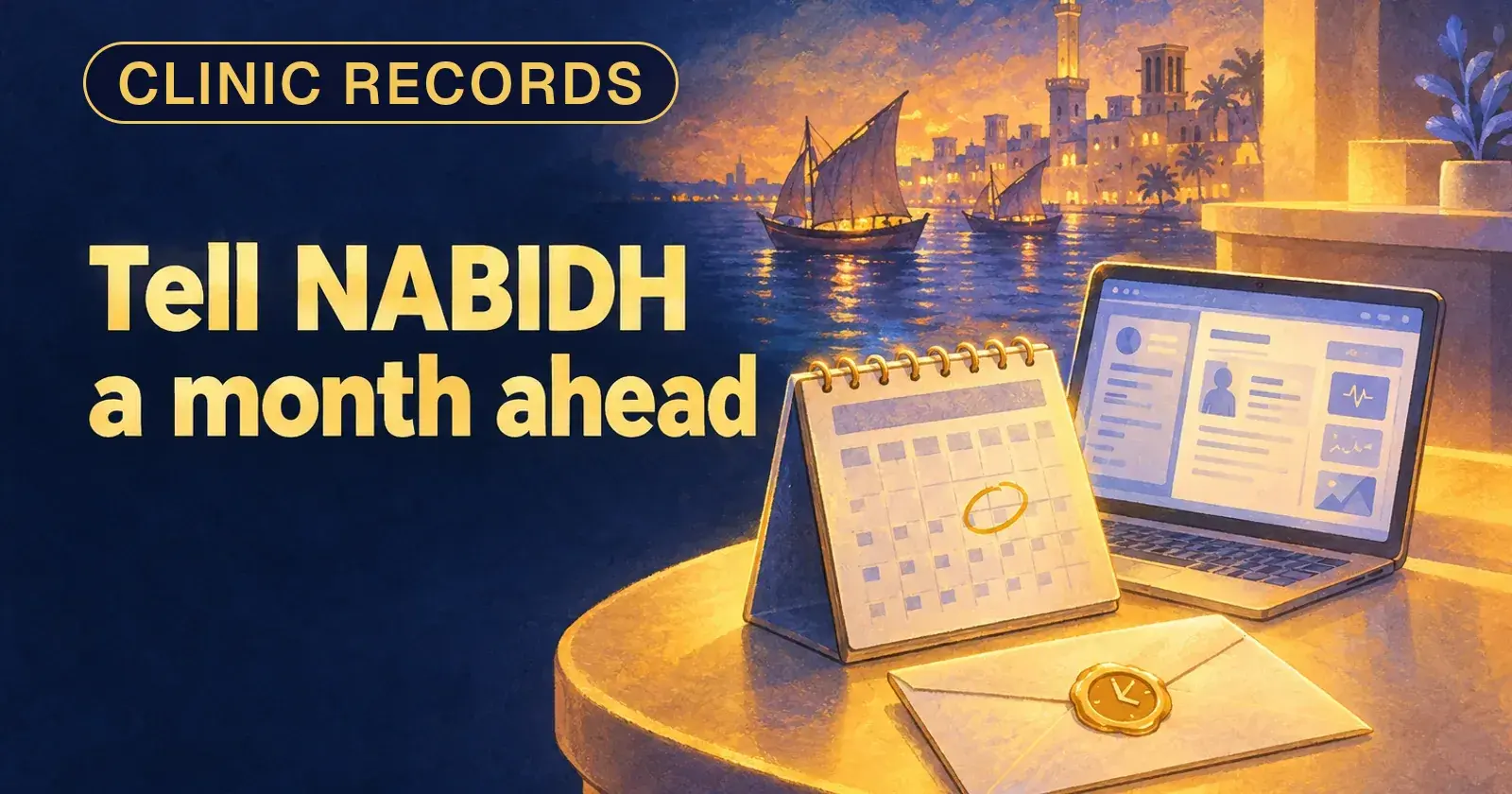 A desk calendar with a month circled, a laptop showing a patient record and a sealed notice, beside Dubai creek at night