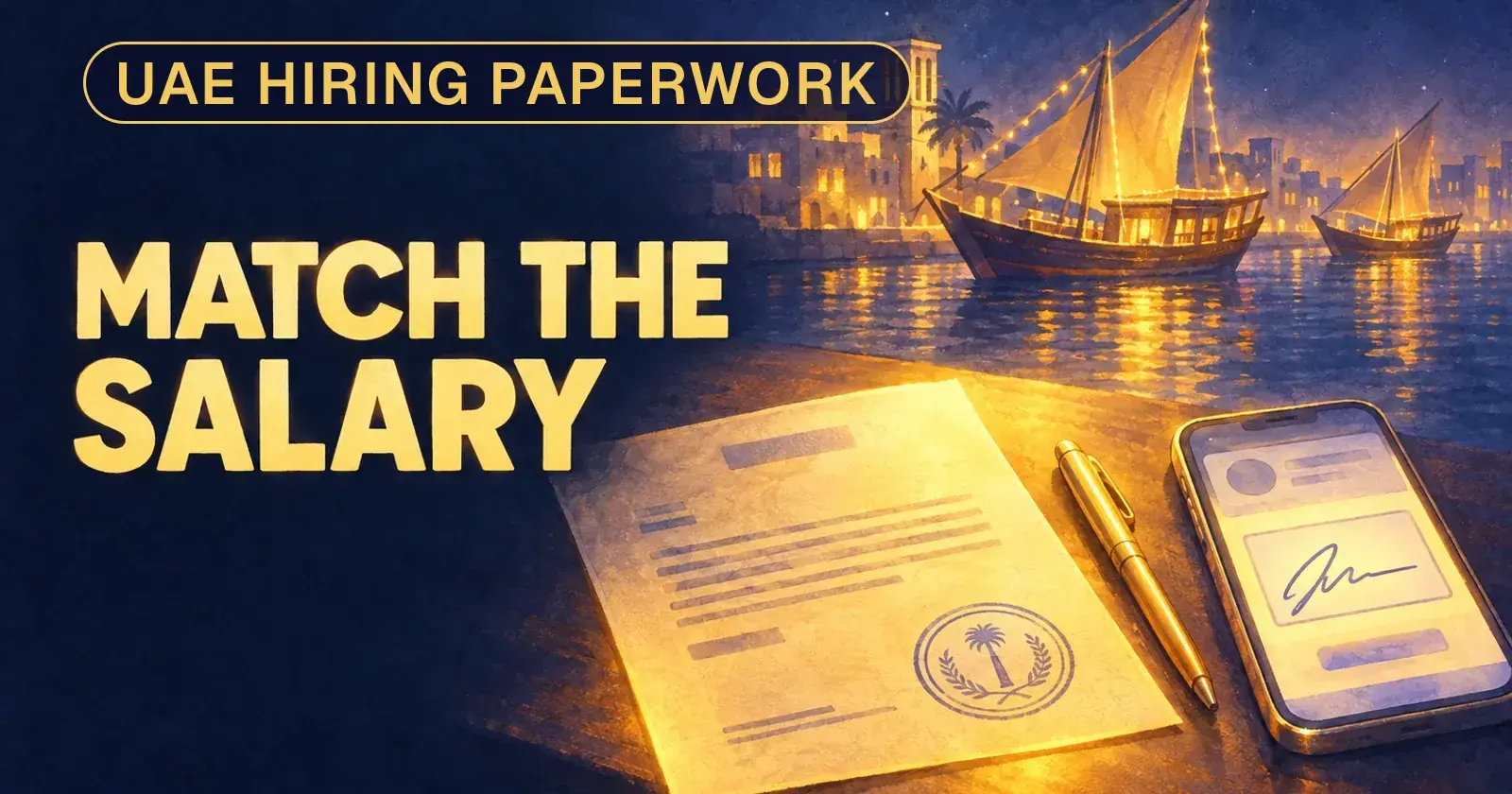 Two offer letters on a desk, one with a ministry stamp and one with a phone signature, under the words match the salary
