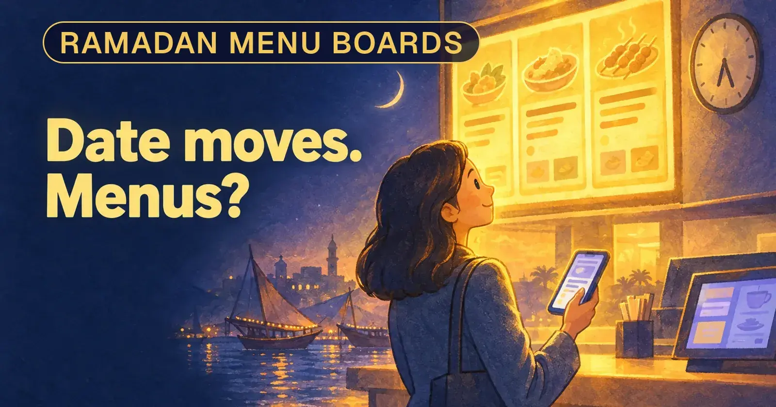 A restaurant menu board at dusk with a crescent moon behind it and a clock showing sunset