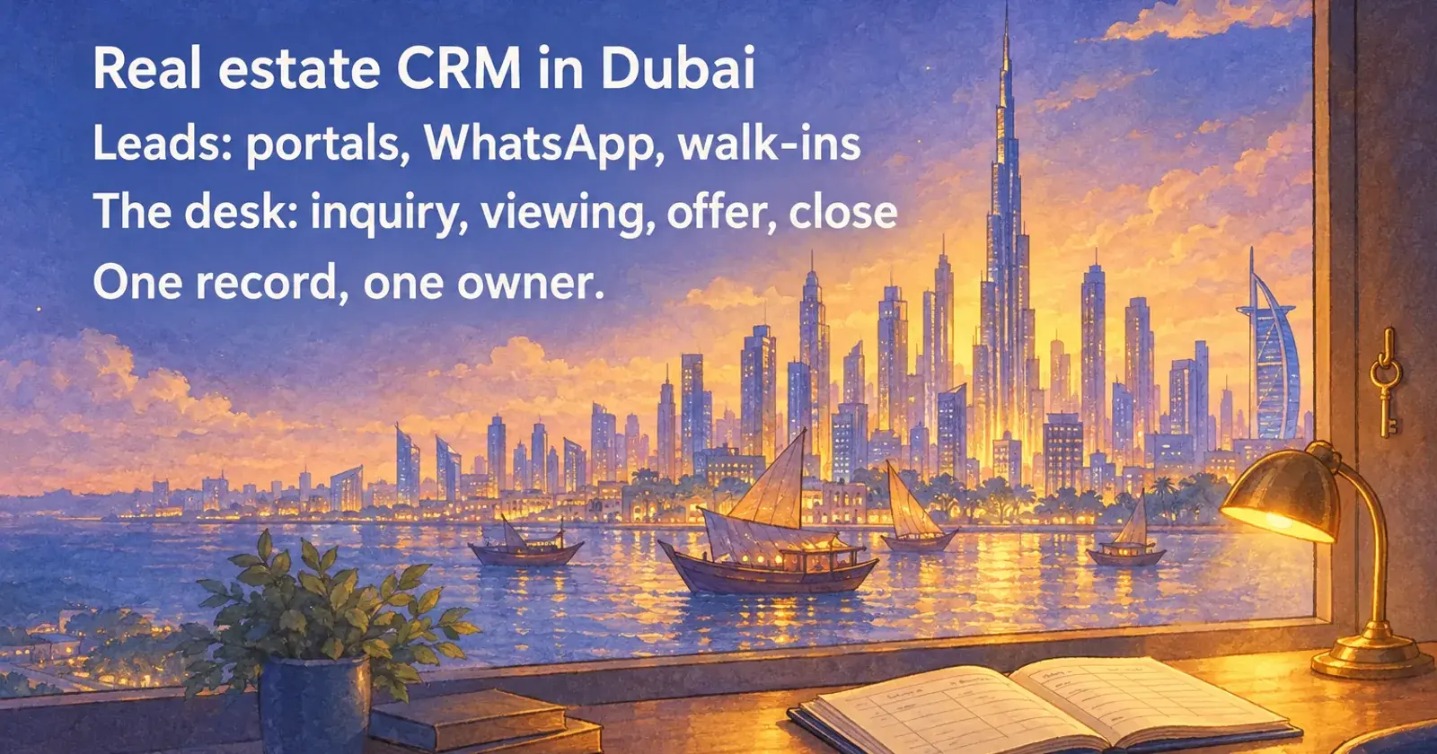 Dubai skyline at dusk with a card: Real estate CRM in Dubai, portals, WhatsApp, walk-ins, inquiry to close
