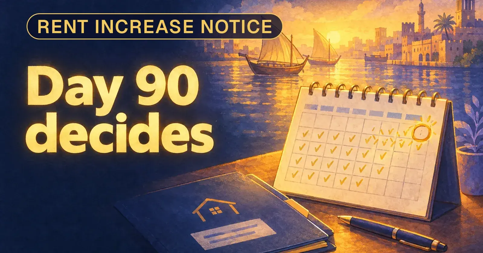A Dubai lease with a calendar counting back 90 days from the end date to a notice-by date