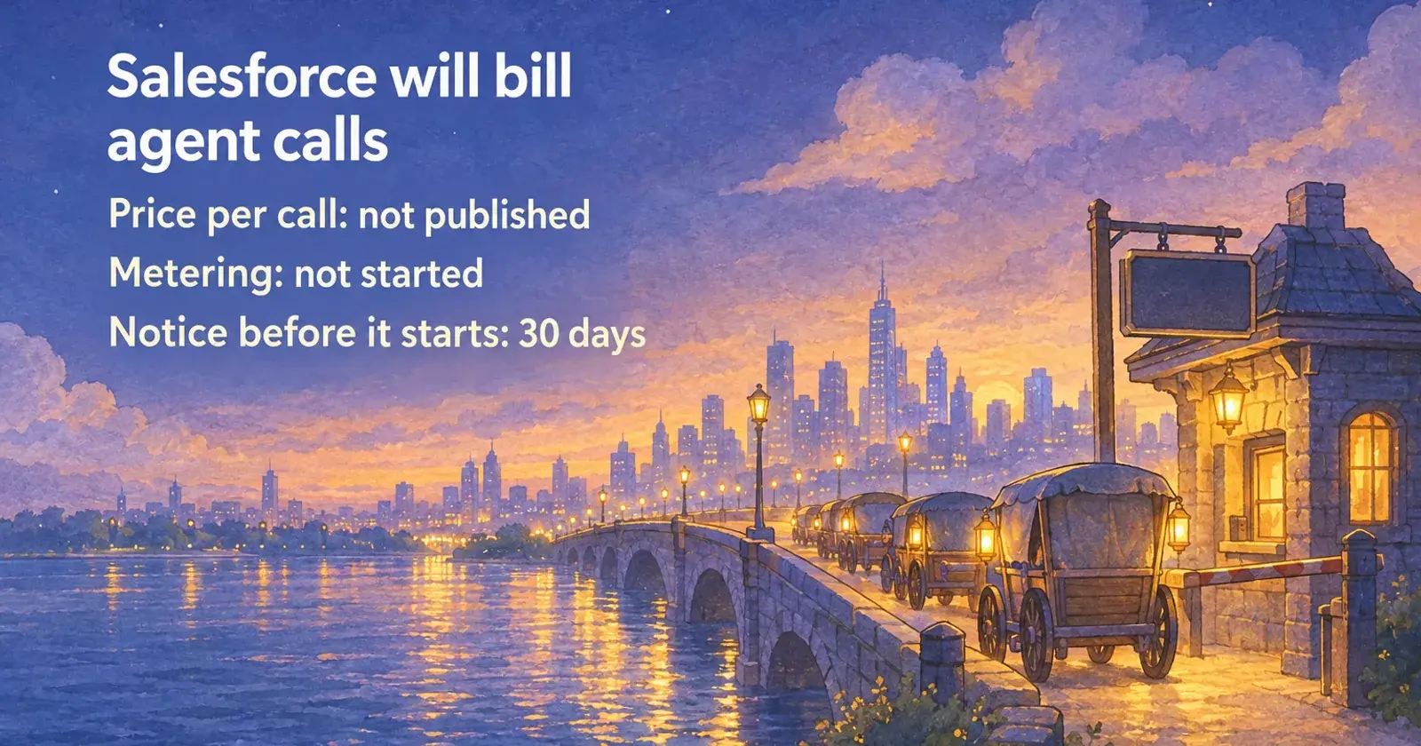 A dusk bridge with a toll house whose price board is blank, lantern carts waiting, and three status lines