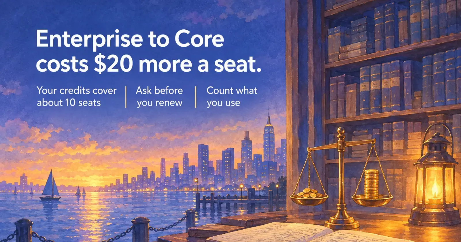 A brass balance and an open ledger in a lamplit counting house: Enterprise to Core costs $20 more a seat