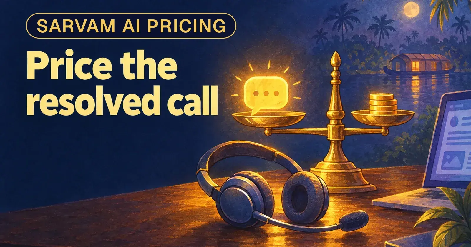 A headset beside a brass scale weighing a speech bubble against coins, with the words Price the resolved call