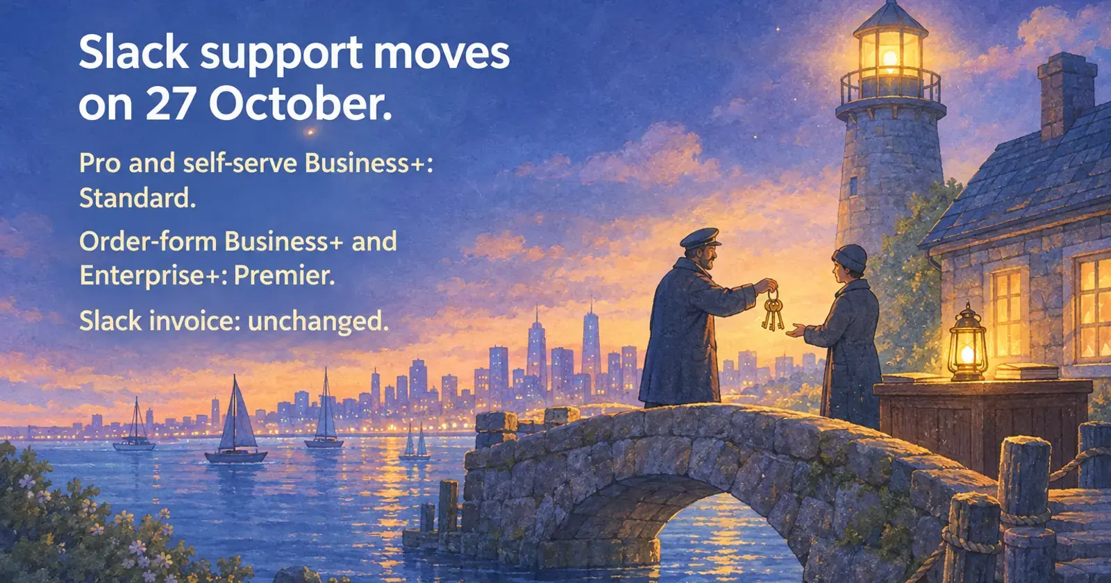 A lighthouse keeper hands a ring of keys to a new keeper on a stone bridge at dusk: Slack support moves on 27 October