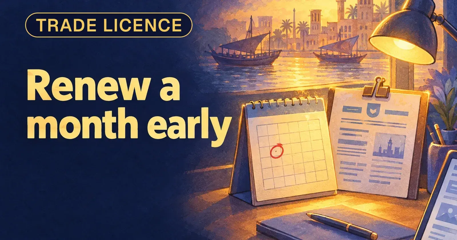 A wall calendar with one date circled and a licence page clipped beside it, a desk lamp lighting both