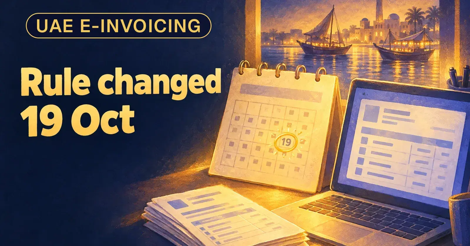 A wall calendar with 19 October circled beside a laptop showing an invoice table