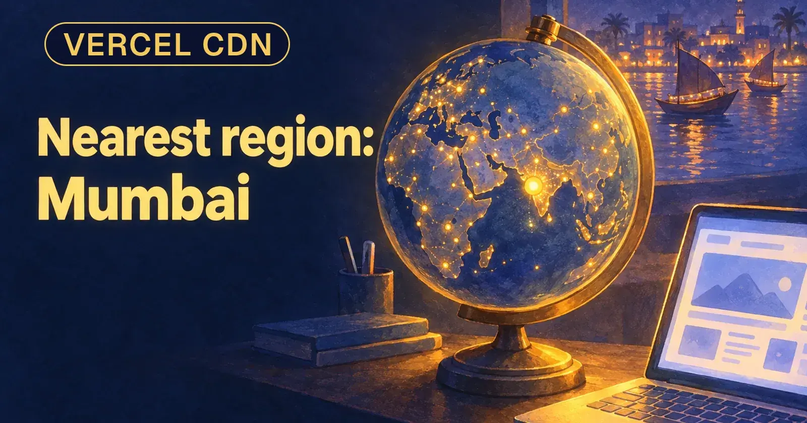 A lit desk globe turned to India and the Gulf with one bright point over Mumbai, and the words Nearest region: Mumbai