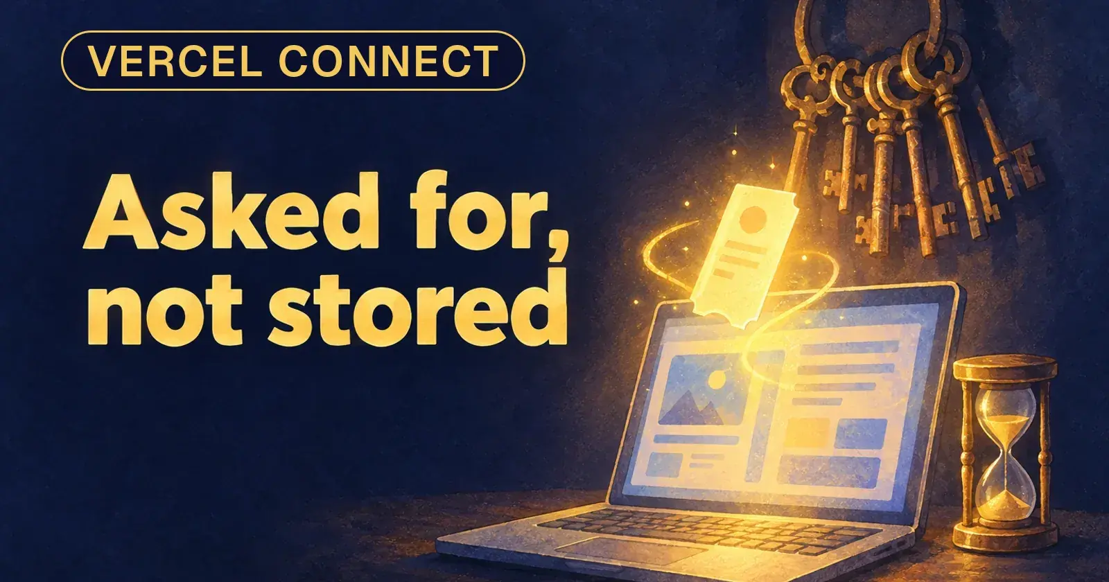An old ring of brass keys on a hook behind a laptop that sends up one glowing ticket, with a small hourglass beside it
