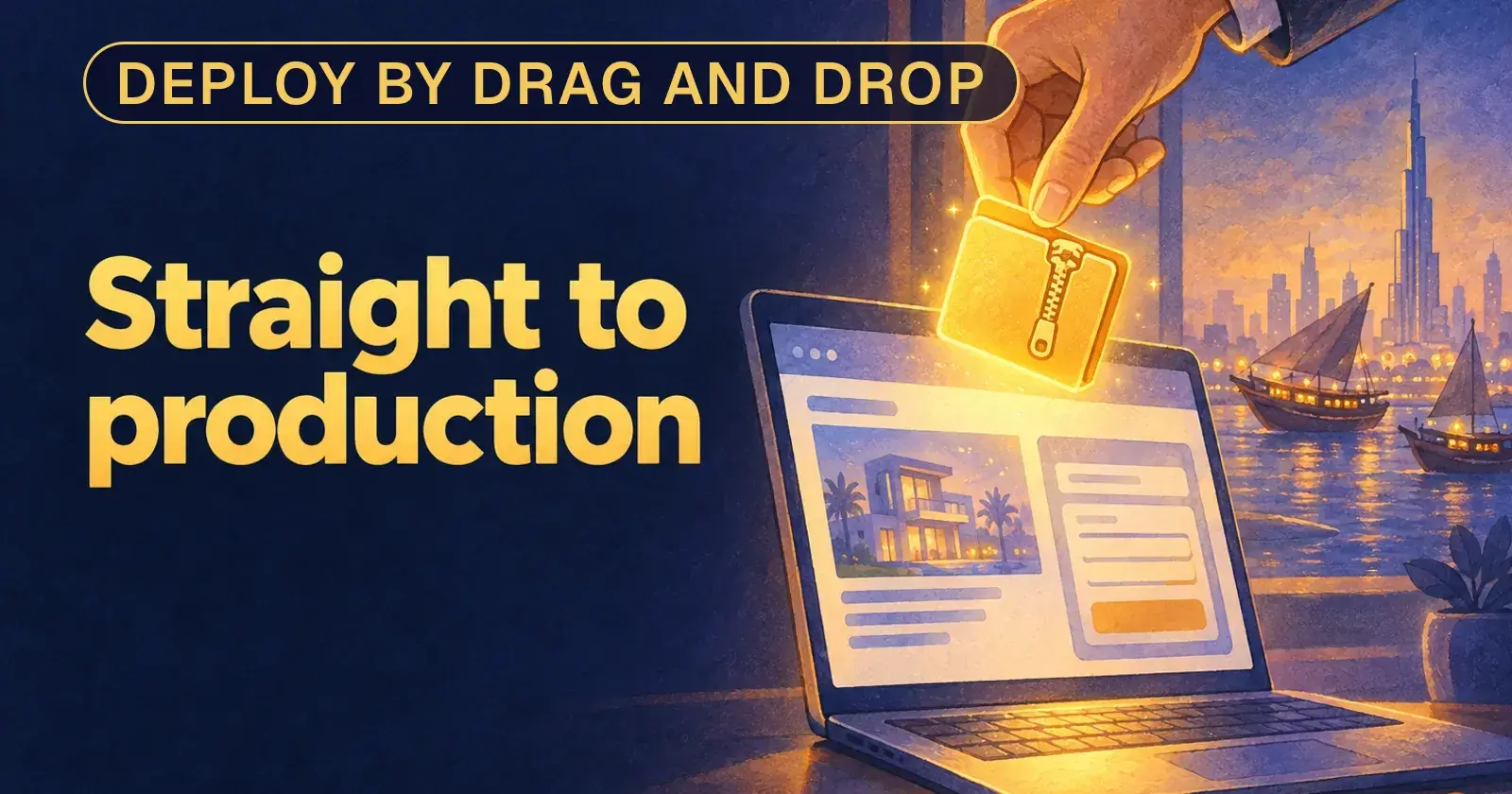 A hand drops a glowing zip folder onto a laptop showing a property launch page, Dubai skyline behind