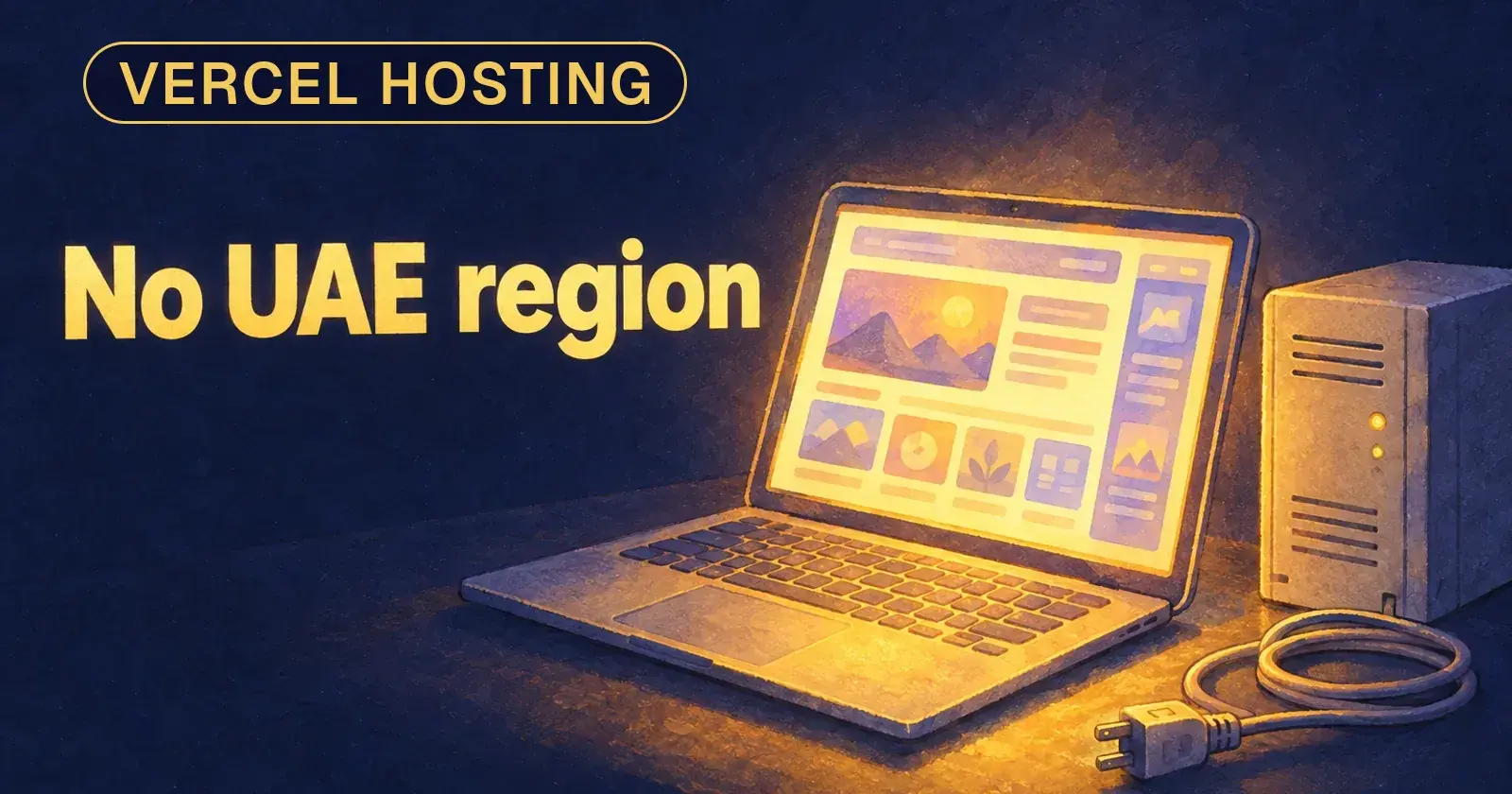 A laptop showing a website glows beside an unplugged old office server, with the words No UAE region