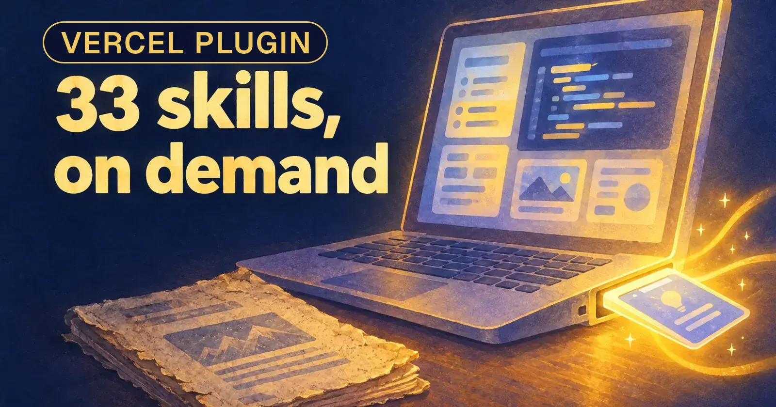 A laptop with code on screen, an old worn manual pushed aside and a fresh glowing card slotting into its side