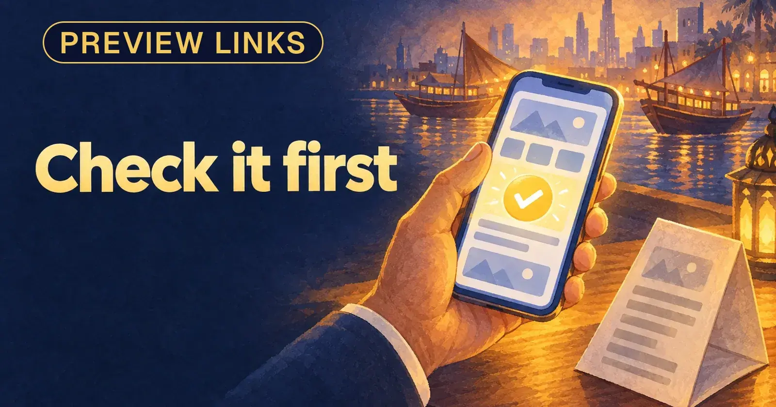 A cafe manager's hand holds a phone showing a web page with a gold approve tick beside a paper menu, Check it first