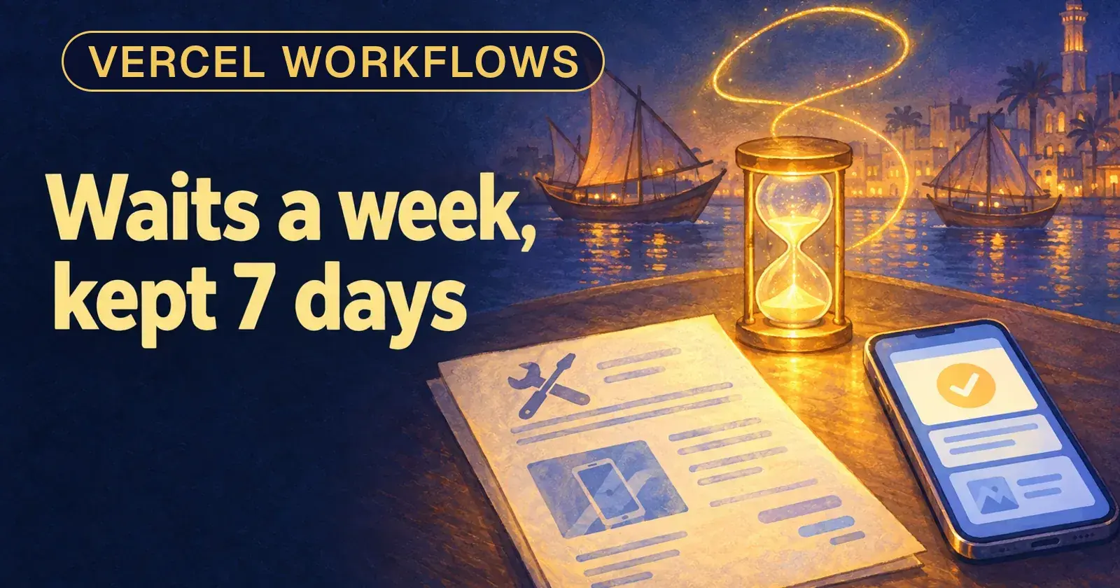 A repair quote on a desk beside a phone showing an approval tick, a glowing hourglass between them