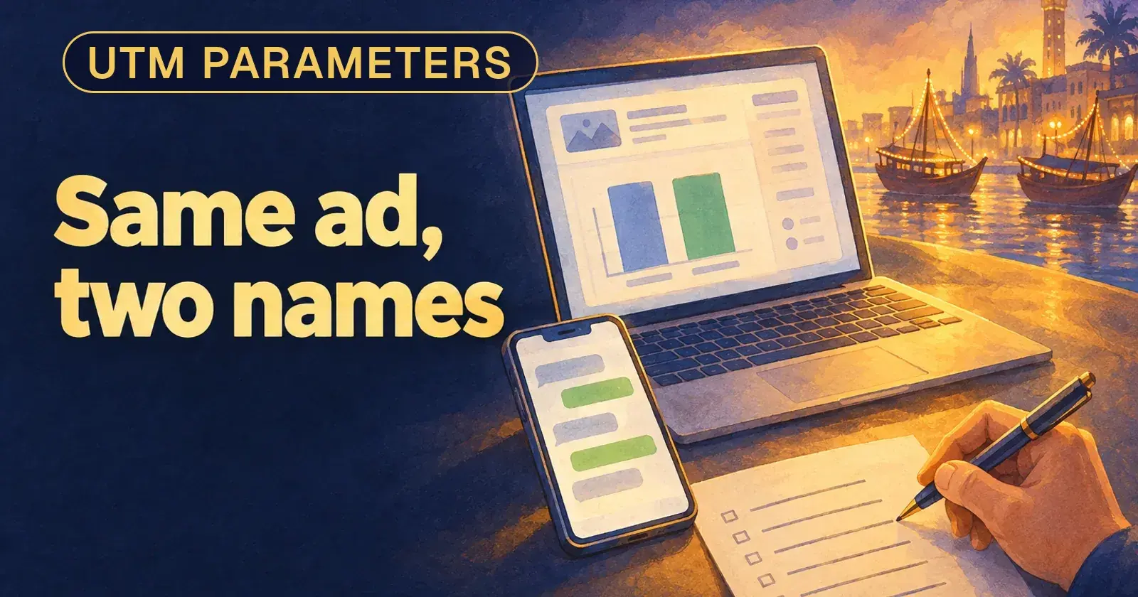 A launch report with the same ad channel as two separate bars, a phone with a chat bubble and a printed naming sheet