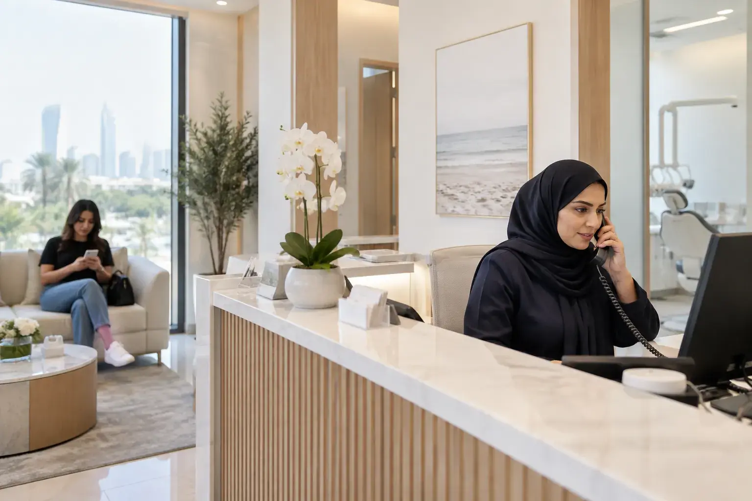 A dental clinic reception in Jumeirah: a receptionist in a hijab on the phone at a marble counter with orchids, a patient waiting on a sofa with her phone.