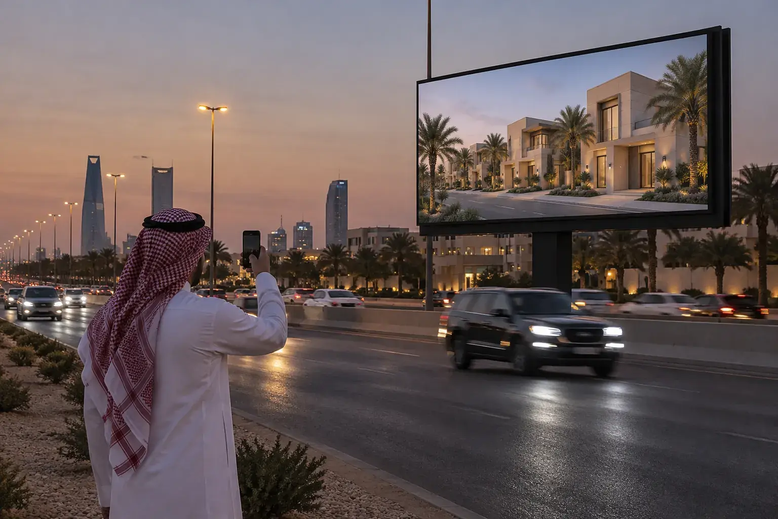 Dusk on a wide road in north Riyadh: a man in a thobe and shemagh holds up his phone towards a roadside billboard showing a rendering of new villas, cars passing.