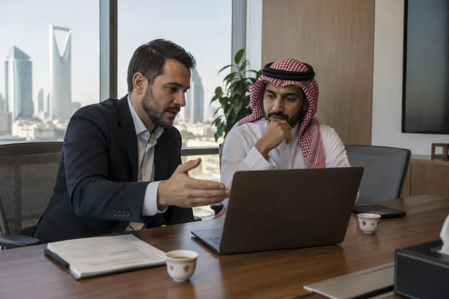 A consultant in a blazer explains something on a laptop turned away from the camera to a man in a thobe and red shemagh in an Olaya office, Arabic coffee cups on the table.