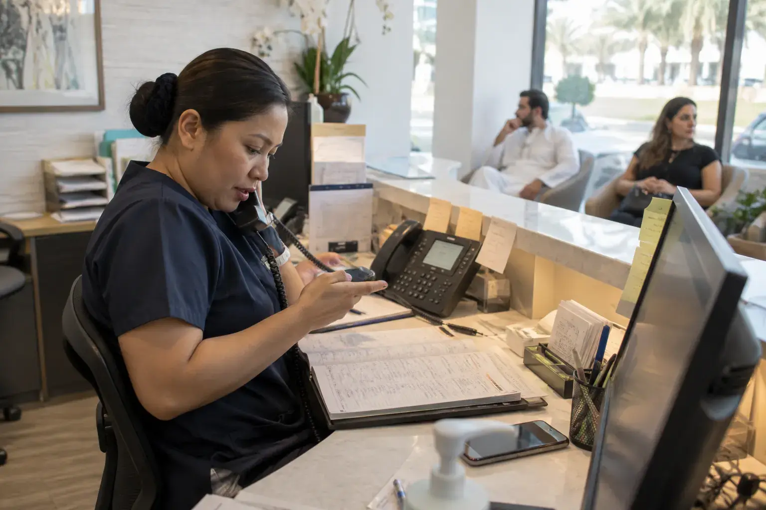 A receptionist at a Jumeirah clinic holds a desk phone to her ear while typing on her mobile, a paper appointment diary open in front of her and patients waiting behind the counter.