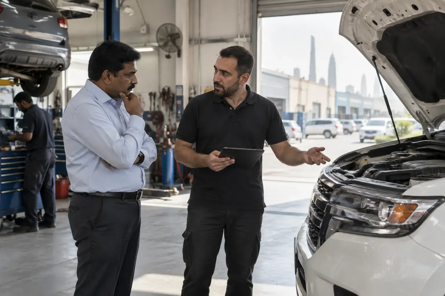 A service advisor talks with a customer beside a white SUV with its bonnet open in a car service centre in Al Quoz, Dubai.