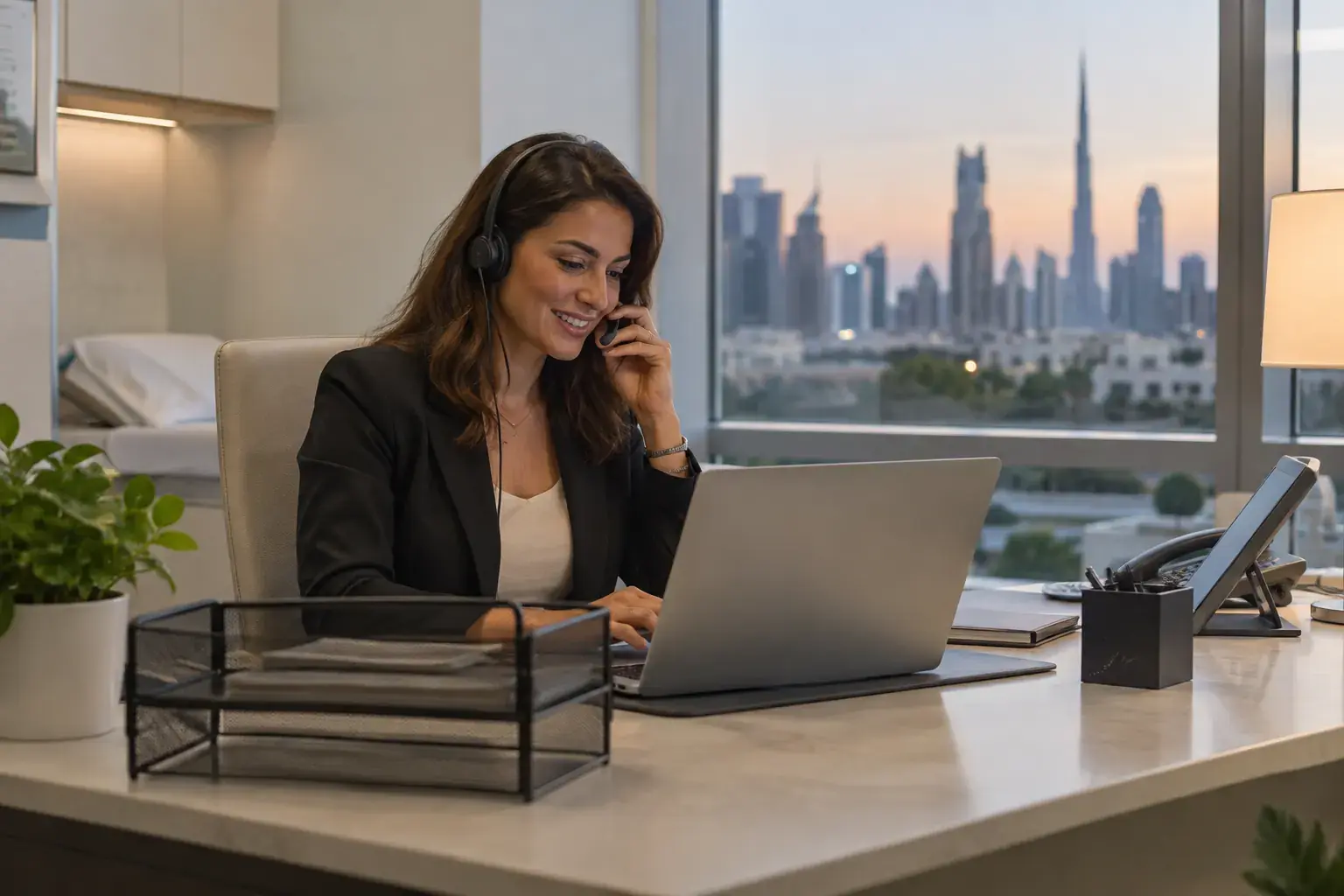 A clinic practice manager wearing a headset smiles during a call at a tidy desk in Dubai Healthcare City, a laptop in front of her and the city skyline behind.