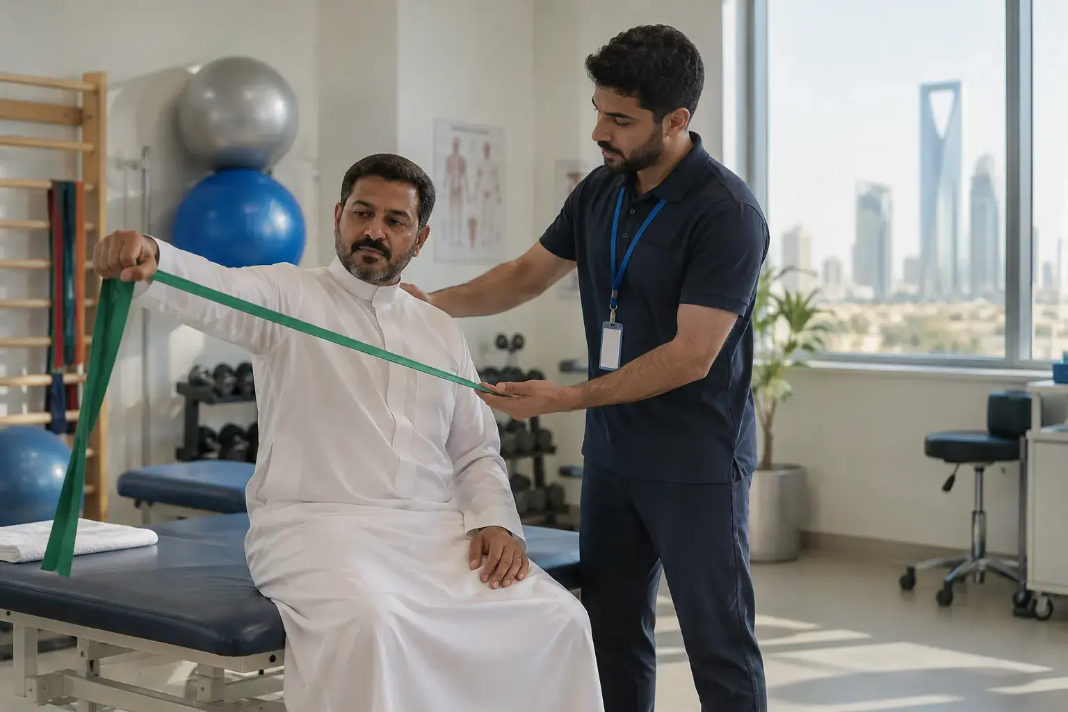 A physiotherapist in a navy polo guides a Saudi patient in a white thobe through a shoulder exercise with a resistance band in a clinic in Al Olaya, Riyadh.