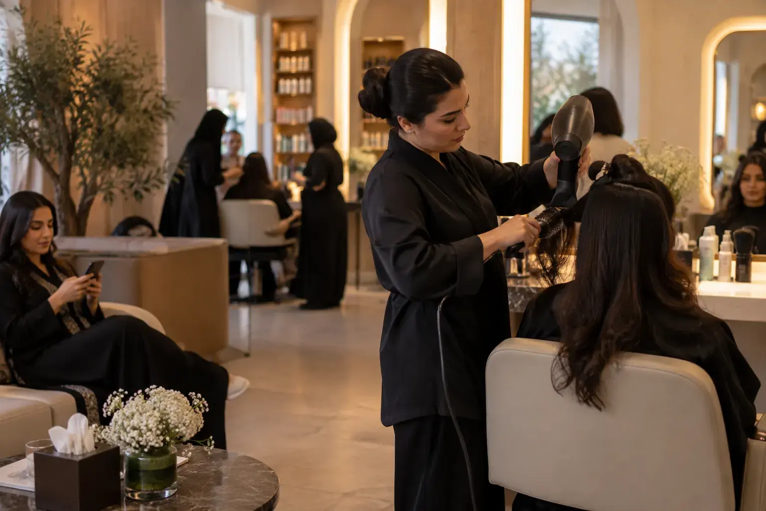A stylist blow-dries a client’s hair in a ladies salon in Al Nakheel, Riyadh, while another client waits on a sofa with her phone.