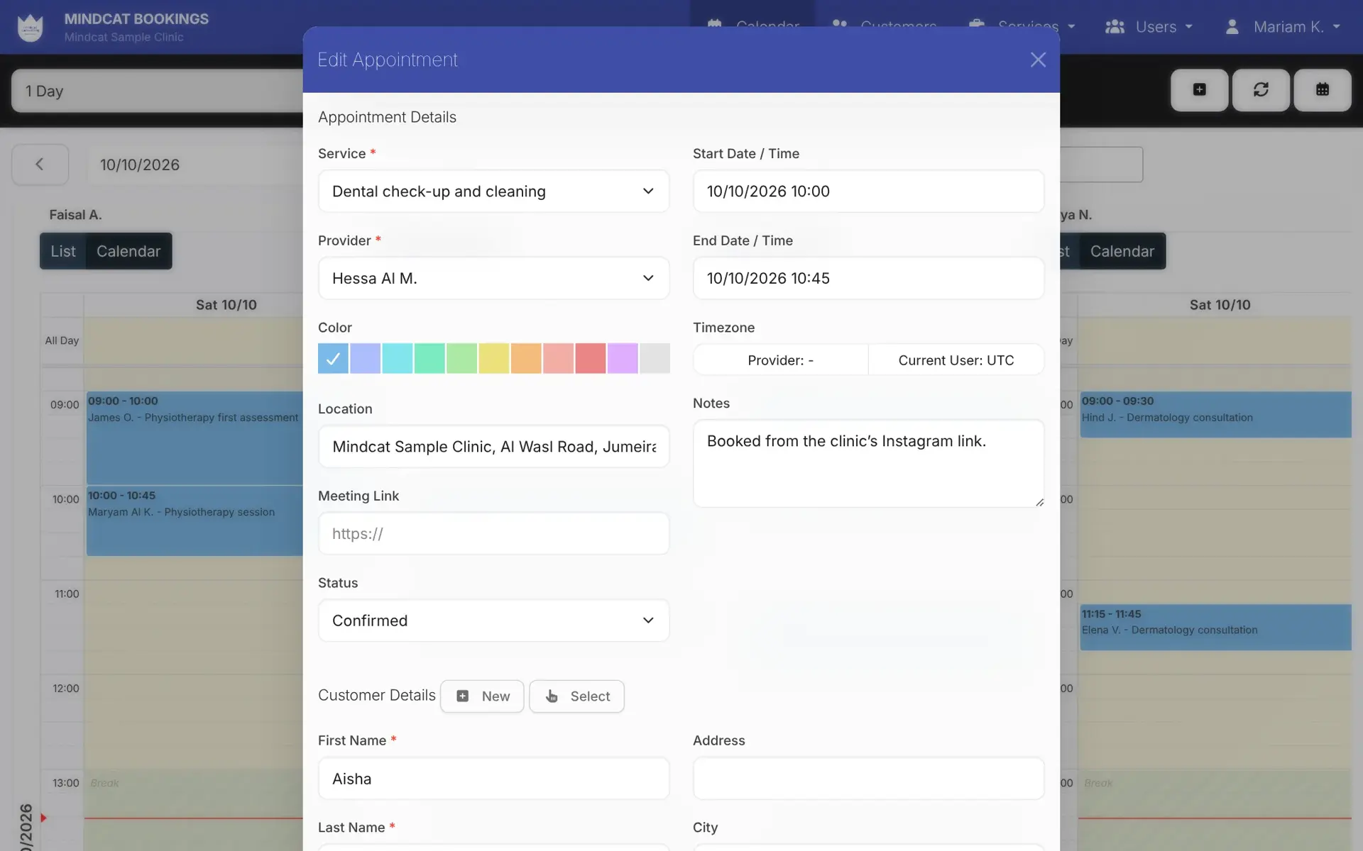 Mindcat Bookings edit appointment form: Dental check-up and cleaning with Hessa Al M., status Confirmed, location Al Wasl Road, and the note Booked from the clinic’s Instagram link.