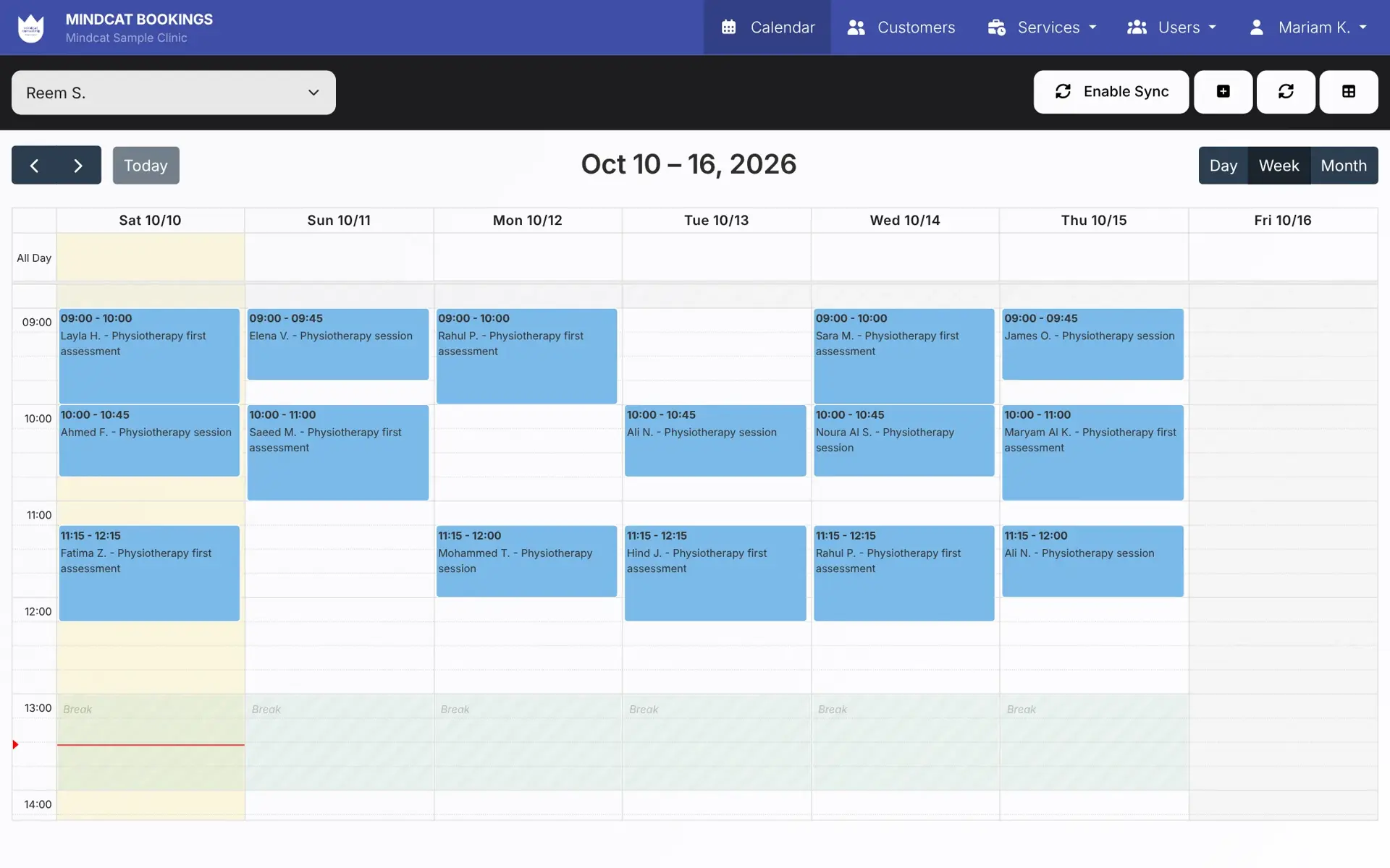 Mindcat Bookings week calendar for the physiotherapist Reem S.: sample physiotherapy assessments and sessions from Saturday to Thursday, the 13:00 break shaded.