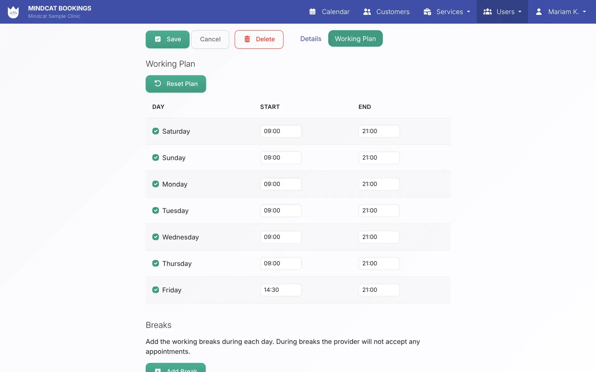 Mindcat Bookings working plan for a sample physiotherapist: Saturday to Thursday 09:00 to 21:00 and Friday 14:30 to 21:00, with a breaks table below.
