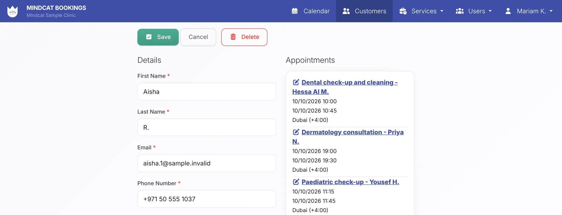 Mindcat Bookings patient record for sample patient Aisha R.: name, email and phone on the left, and her appointments across dental, dermatology, paediatrics and physiotherapy on the right.