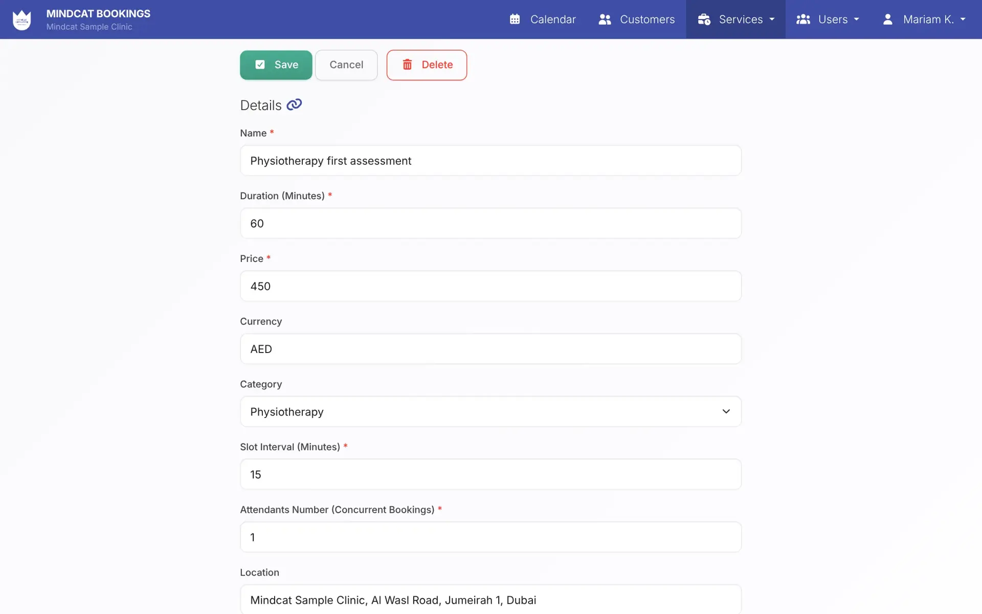 Mindcat Bookings service settings for a sample Dubai clinic: Physiotherapy first assessment, 60 minutes, AED 450, 15-minute slots, at the Al Wasl Road clinic in Jumeirah 1.