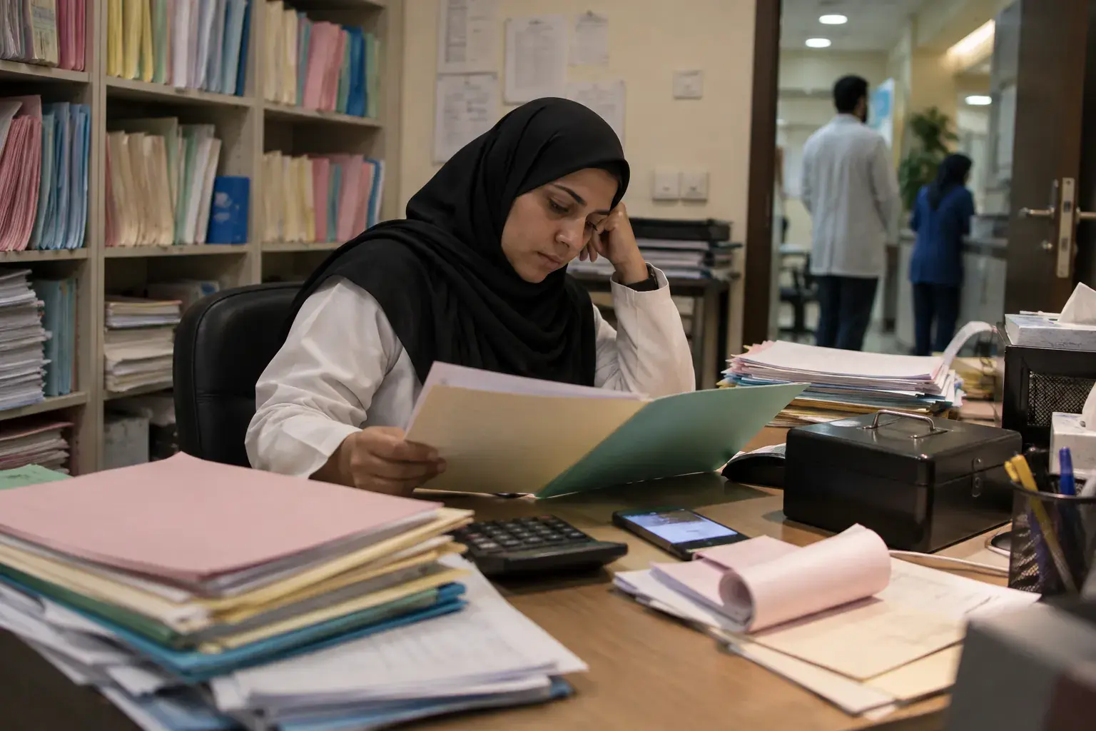 A tired clinic manager in a hijab in the back office of a clinic in Al Rawdah, Jeddah, reading a paper patient file beside stacks of coloured folders, a calculator, a cash box and a receipt book.