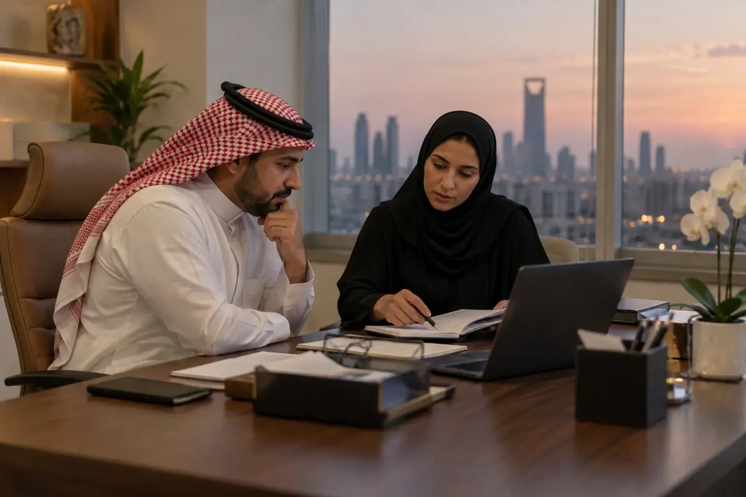 A clinic group manager in a thobe and a practice manager in an abaya review the day at a desk in a north Riyadh office at dusk, a laptop angled away.