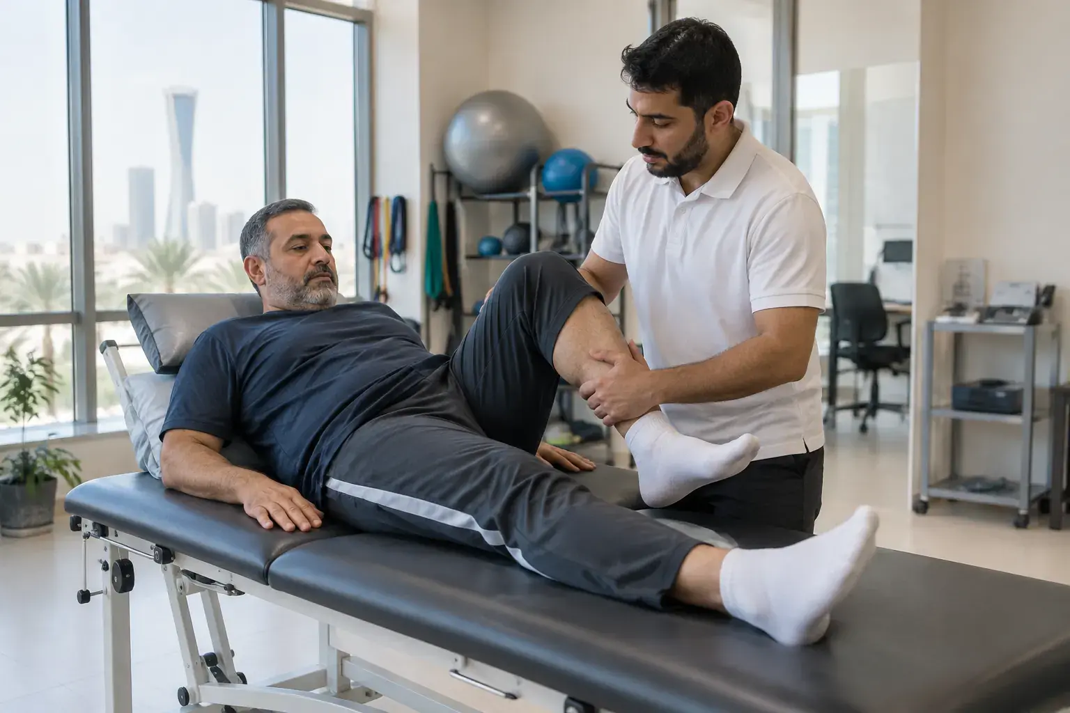 A Saudi physiotherapist guides a middle-aged patient through a knee exercise on a treatment bed in an Al Khobar clinic.