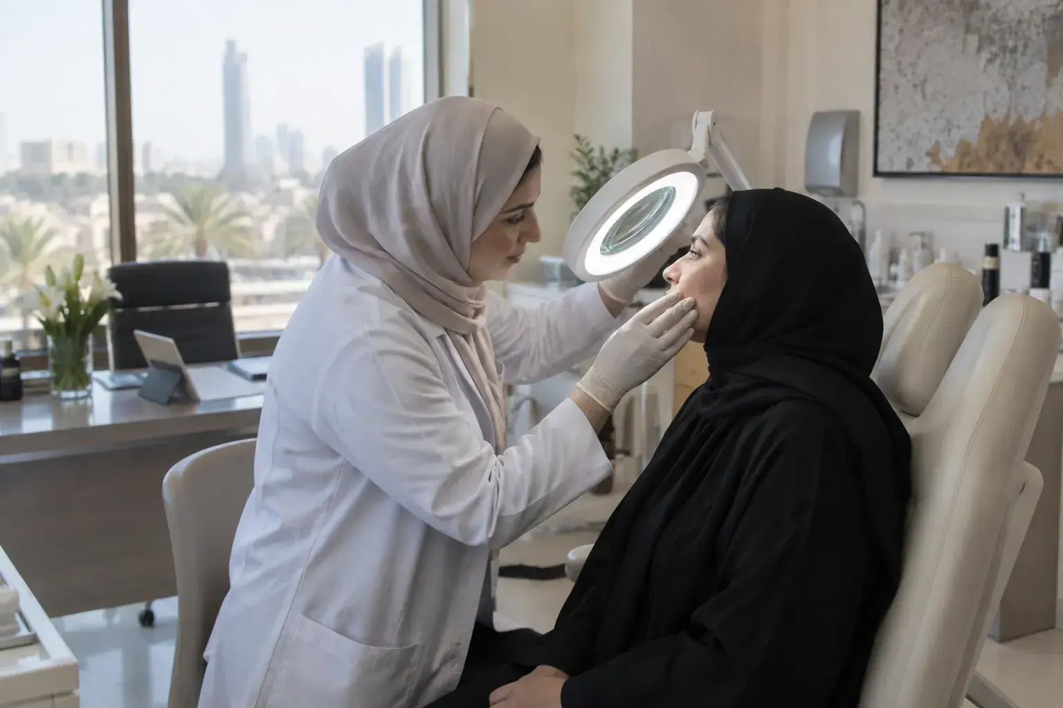 A dermatologist in a white coat and hijab examines a patient’s cheek under a magnifying lamp in a Jeddah clinic.