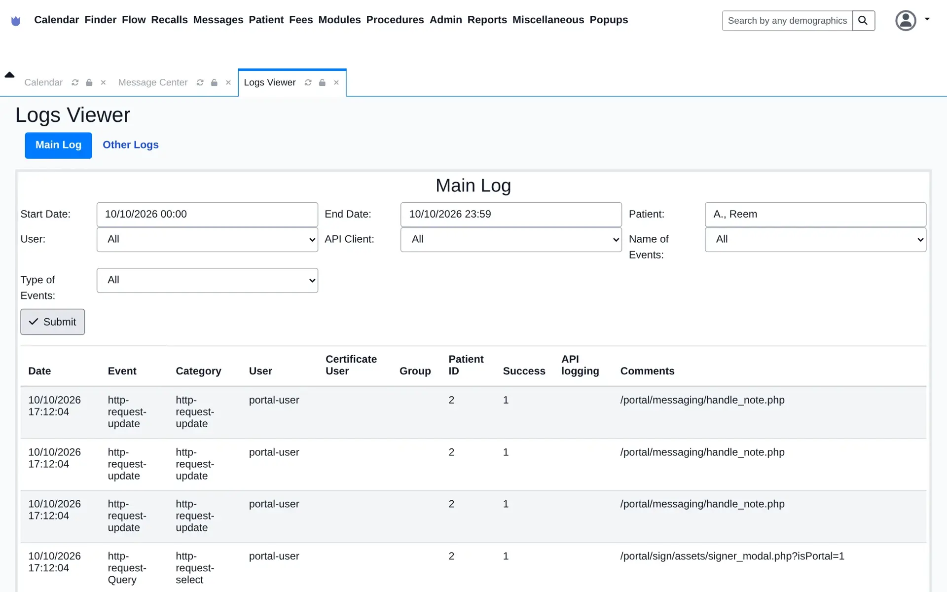 Mindcat Clinic access log filtered to patient Reem A. for 10/10/2026, listing date and time, event, user portal-user, patient ID and the page opened.